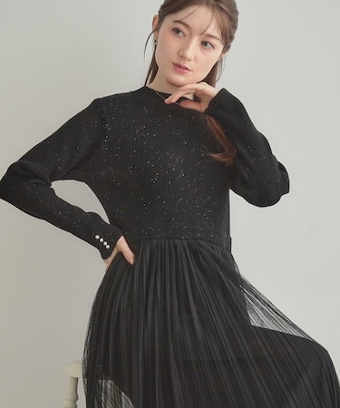 リブニットチュールドッキングワンピース