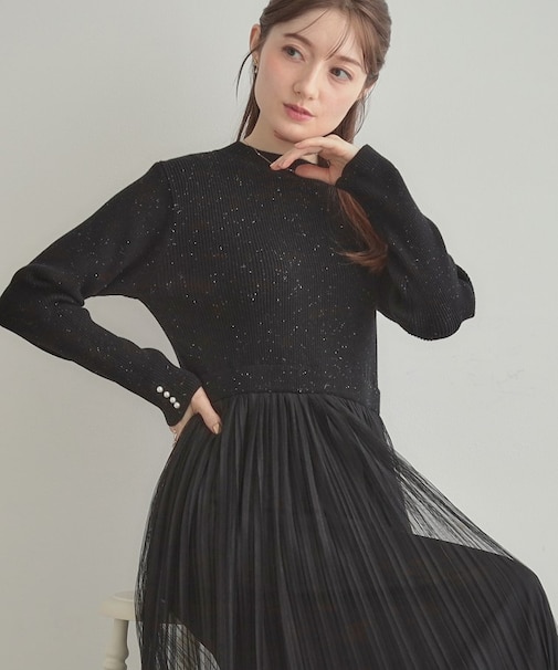 リブニットチュールドッキングワンピース