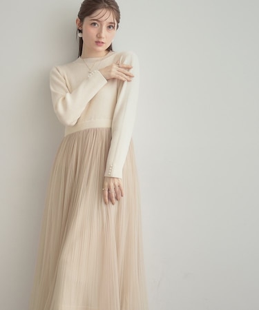 リブニットチュールドッキングワンピース