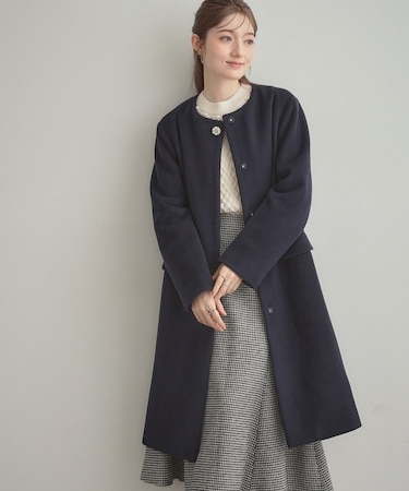 【通勤/ビジューブローチ付き】ノーカラー ロングコート