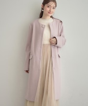 【通勤/ビジューブローチ付き】ノーカラー ロングコート