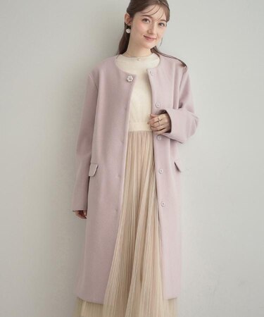【通勤/ビジューブローチ付き】ノーカラー ロングコート