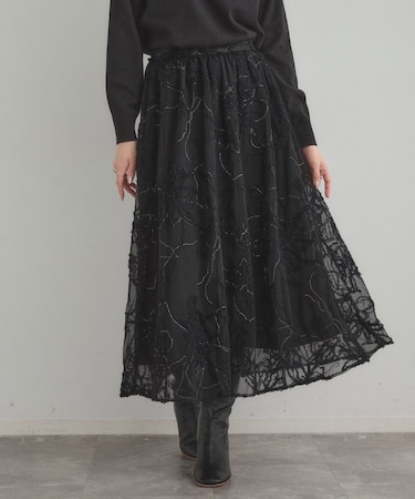 【通勤】ラメ刺繍ブークレチュールスカート