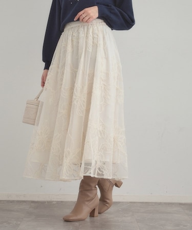【通勤】ラメ刺繍ブークレチュールスカート