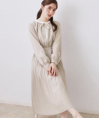 【ハレの日・通勤】配色シフォンプリーツ ワンピース