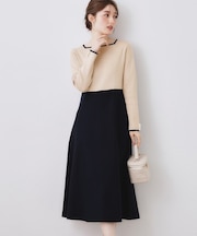 【ハレの日・通勤】スクエアネック バイカラー ニットワンピース