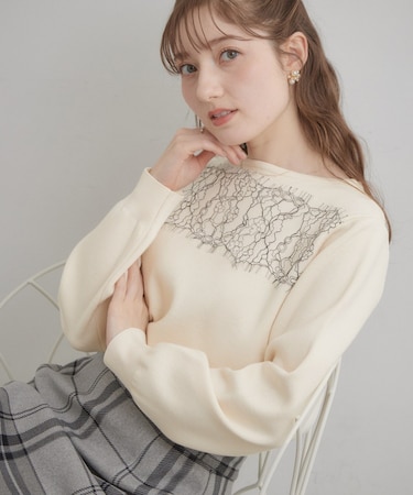 【洗える・通勤】レース ドッキング ニット