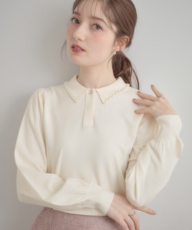 【洗える・着映え】パール調衿ニット