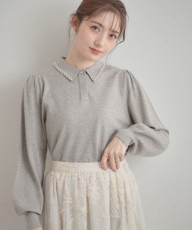 【洗える・着映え】パール調衿ニット