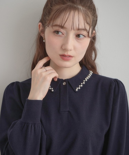 【洗える・着映え】パール調衿ニット