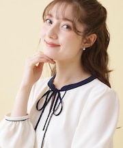 【洗える・ハレの日・通勤】配色 細リボンタイ ブラウス