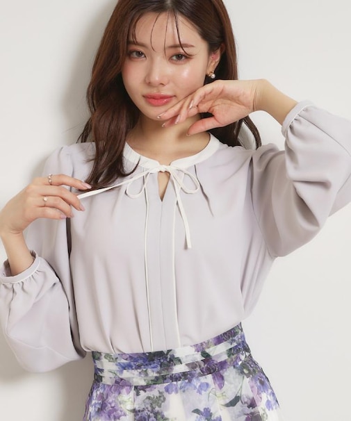 【洗える・ハレの日・通勤】配色 細リボンタイ ブラウス