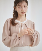 【洗える・ハレの日・通勤】配色 細リボンタイ ブラウス
