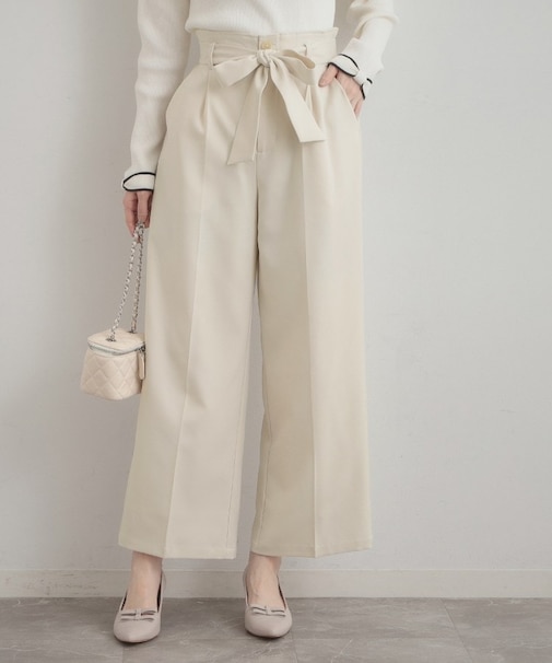 【洗える・通勤】ウエストリボン サスペンダー付きワイドパンツ