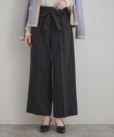 【洗える・通勤】ウエストリボン サスペンダー付きワイドパンツ