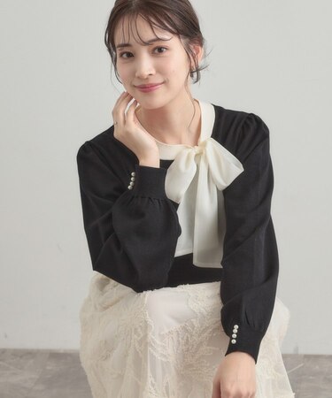 【洗える・着映え】オーガンジーリボンタイ ニット