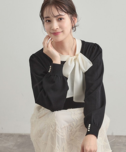 【洗える・着映え】オーガンジーリボンタイ ニット