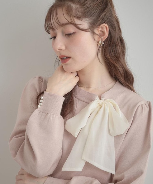【洗える・着映え】オーガンジーリボンタイ ニット