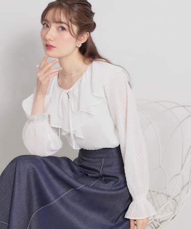 【着映え・洗える】ラメカットドビーフリルブラウス