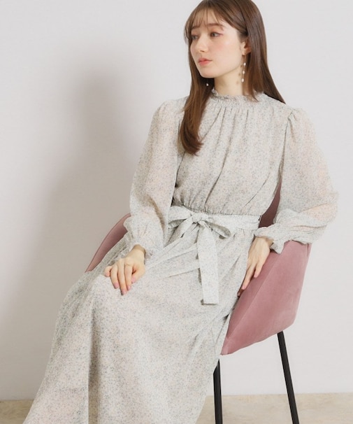 【洗える・着映え】楊柳小花シャーリングワンピース