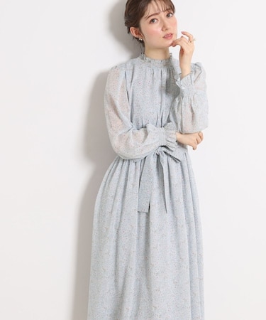 【洗える・着映え】楊柳小花シャーリングワンピース