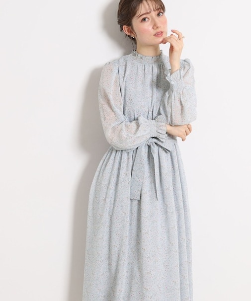 【洗える・着映え】楊柳小花シャーリングワンピース