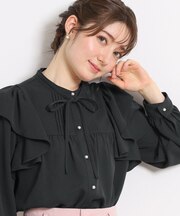 【洗える・リボン取り外し可】フリルジョーゼットブラウス