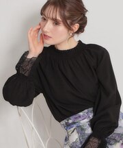 【通勤・着映え】レースカフス ピコシャーリング バックリボンブラウス