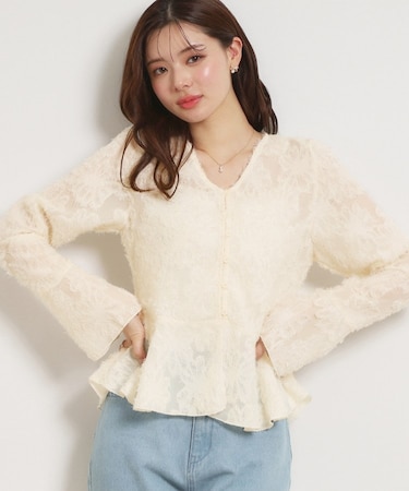 ペプラムフラワーモチーフブラウス