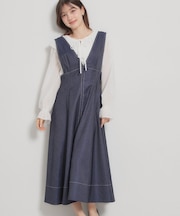 【洗える】デニムライク細リボンジャンスカ