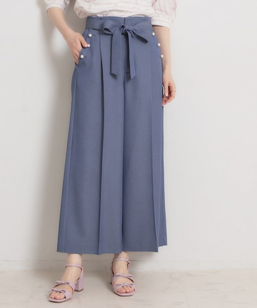 【洗える・S-LL】マリン風アソート釦 シャンブレーワイドパンツ