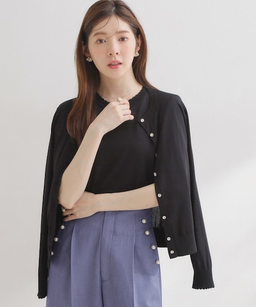 【アンサンブル可・UVカット・アンチピリング】ポイント透かしビジュー釦カーディガン