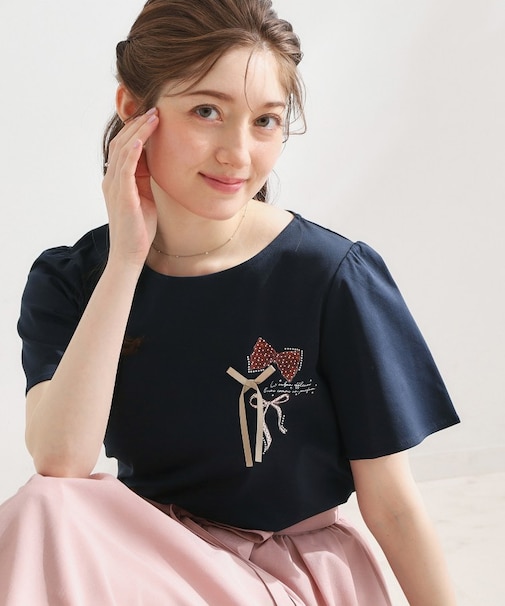 【接触冷感・UVカット・洗える】リボンプリントTシャツ