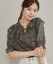 楊柳シフォンで涼しく フリルチェックブラウス
