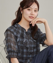 楊柳シフォンで涼しく フリルチェックブラウス