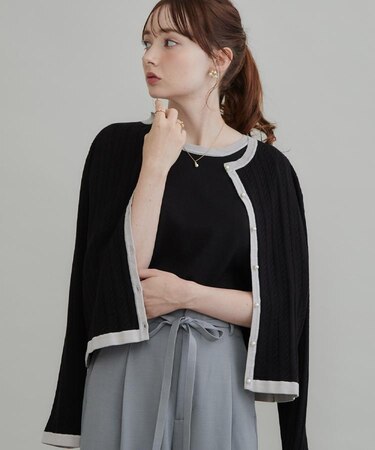【立体編みが上品・アンサンブル可】ラメ配色 ケーブルカーディガン