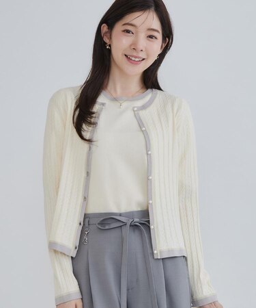 【立体編みが上品・アンサンブル可】ラメ配色 ケーブルカーディガン
