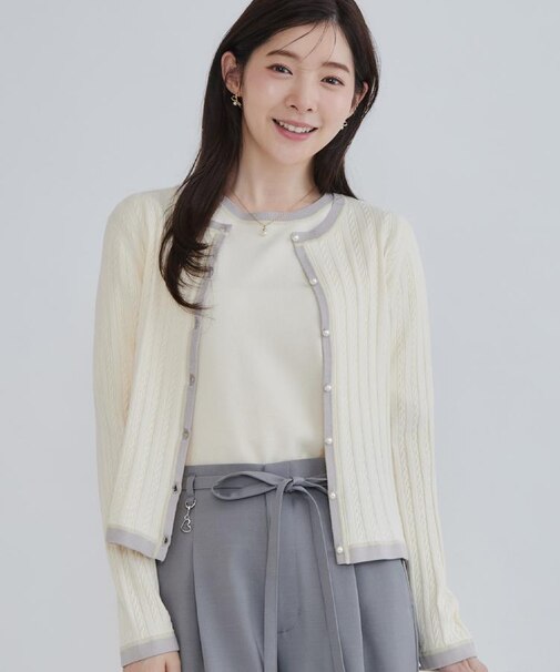 【立体編みが上品・アンサンブル可】ラメ配色 ケーブルカーディガン