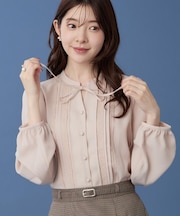 【衿元リボンが可憐】ピンタック レース ブラウス