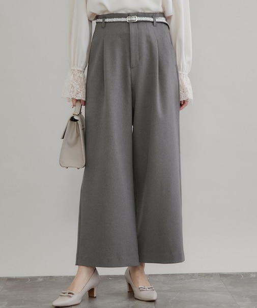 【マシンウォッシャブル・イージーケア】レースベルト付き ワイドパンツ【毛玉になりにくい・セットアップ可】