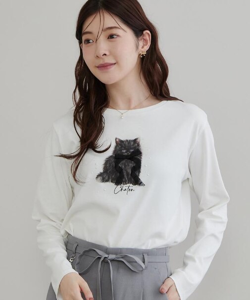 【立体的なパール調デザイン】猫プリント/ロゴ刺繍アソート ロンT