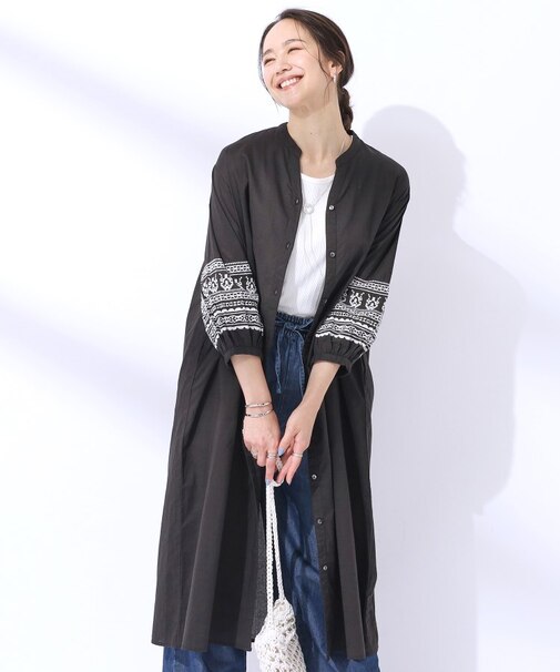 【洗える/インド綿100％】ふわっと広がる お袖刺繍ワンピース