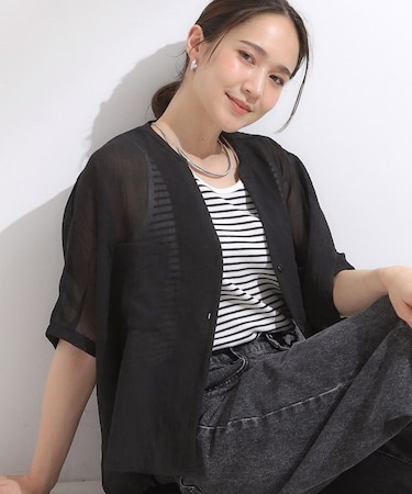 程よいシアー感 ポケットドルマン5分袖シャツ