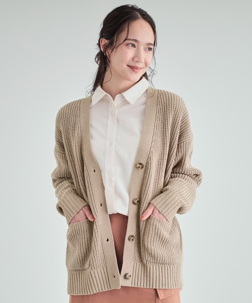 お2 超美品 レオナール シルク100 ベージュ Vネック カーディガンLL