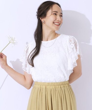 【無理せずキレイ】ブラウス見え お袖フリルレーストップス