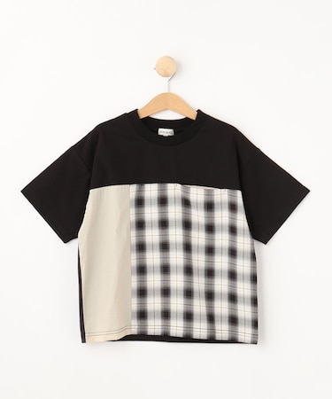 【110-140cm】チェック切替 配色Tシャツ