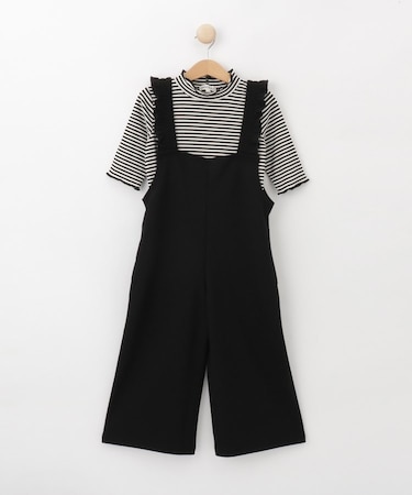 【110-140cm/2点セット】フリルサロペット＋5分袖ボーダートップス