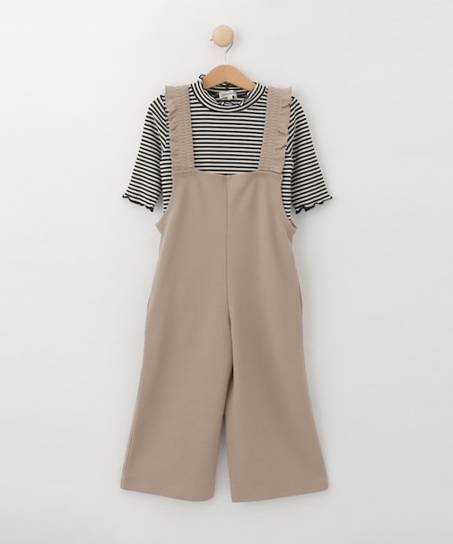 【110-140cm/2点セット】フリルサロペット＋5分袖ボーダートップス