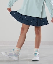 【110-140cm】フェイクパール付きデニムプリーツスカート