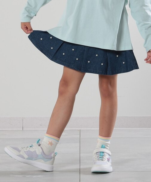 【110-140cm】フェイクパール付きデニムプリーツスカート